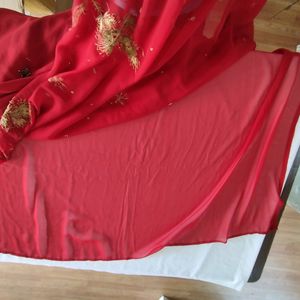 Red Bead Embroidered Saree (Women's)