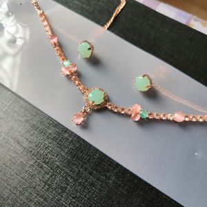 Rose Gold AD Necklace Set With Earings