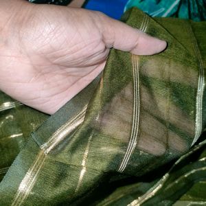 Chanderi Saree In Olive Green ~ No Blouse