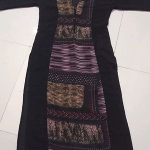 Women Black A Line Printed Straight Kurta