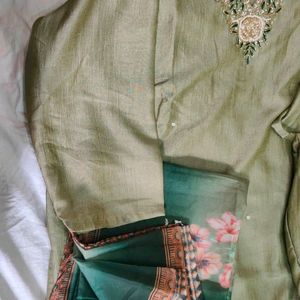 V Neck Chinon Suit With Organza Dupatta