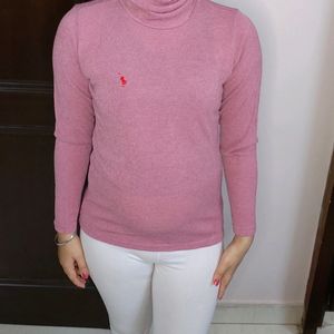 Women Pink Turtle Neck Full Sleeves Wool Sweater