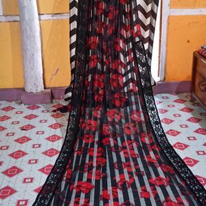 Beautiful Saree Soft Net with Blouse Red And Black