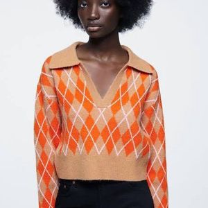 Zara Knit Diamond Print Crop Sweater