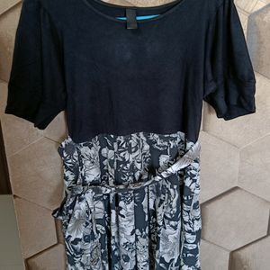 Black Dress With Print Bottom And Belt