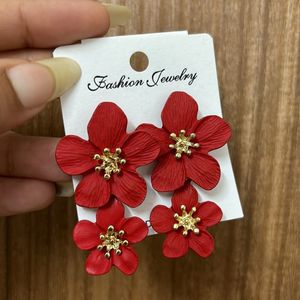 Red Double Flower Earrings