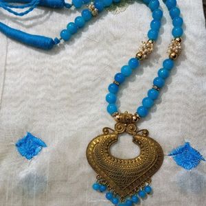 Blue Saree Set With Handmade Jewellery