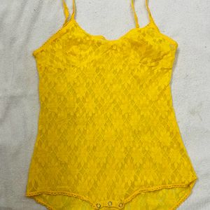 Women Yellow Net Bodysuit