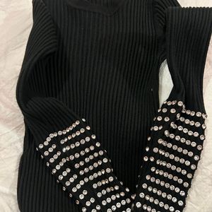 Party Rhinestone Woolen Fitted Top