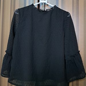 Black Swiss Dot Top With Sheer Sleeves