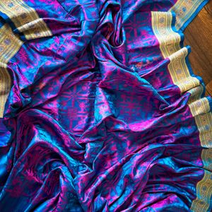 100% Pure Triple Tone Himroo Jamavar Silk Saree