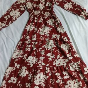 Maroon Mulvari Floral Print Flounce Sleeve Dress