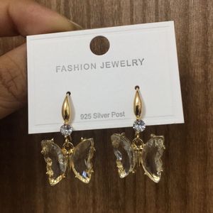 Clear Butterfly With Gold Dangling Earrings