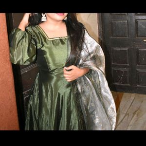 Pretty Olive Gown With Dupatta