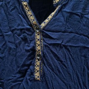 Navy Blue Cotton Top With Thread Embroidery -m/L