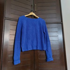 Women Blue Oversized Knited Rib Cotton Sweater