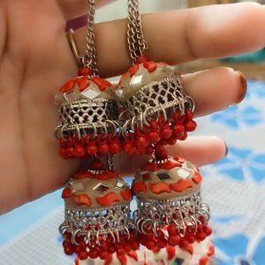 Beautiful Three Layer Jhumka Red In Color