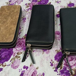 Leather Double Metal Zipper Womens Purse 3 Pcs