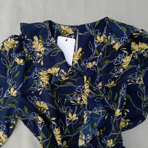 New Korean Ruffled Neck Navy Blue Blouse