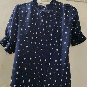 Dark Blue Top With Puffy Short Sleeves With White Stars