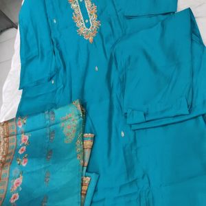 Roman Silk Firoji Suit With Organza Dupatta