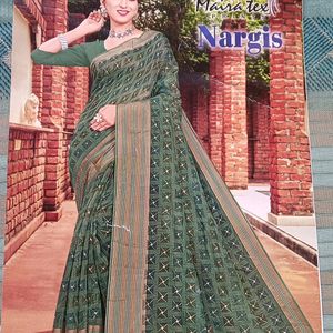 Cotton Printed Green Saree