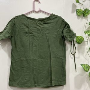 Olive Green Knoted Sleeves Top For Women