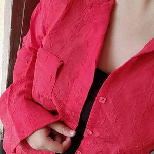 Unisex Red Crinkle linen Shirt Vintage Inspired