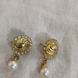 Golden Earrings With American Diamond And Pearl