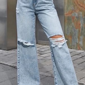 Blue Denim Wide Leg Ripped Jeans