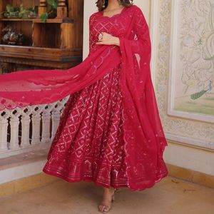 Gown With Dupatta - Wine , Rani