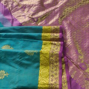 Teal With Purple Pure Silk Saree