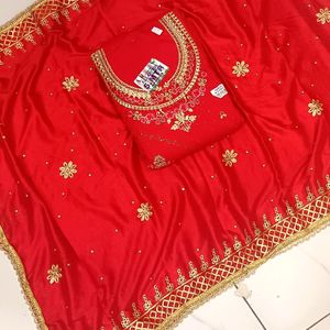 Stone+zari Kadhaai All Over Red Suit With Dupatta