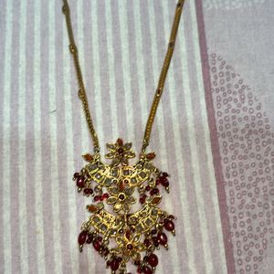 AD Double Pendant Necklace In Gold Nd Red Colour