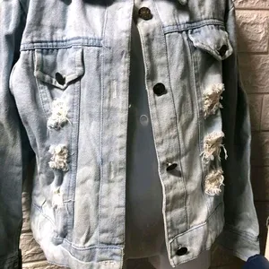 Women Blue Torn Denim Jacket