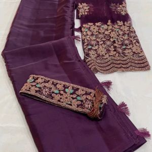 New Bollywood Satin Saree With Net Blouse Piece