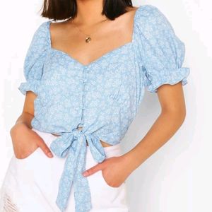 TIE FRONT PUFF SLEEVE BRODERIE CROP TOP