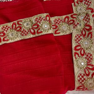 Bright Red With Golden Border Saree