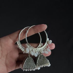 Silver Jhumki With White Beads