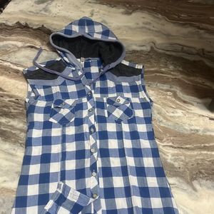 Blue & White Pure Cotton Check Sleeveless Shirt