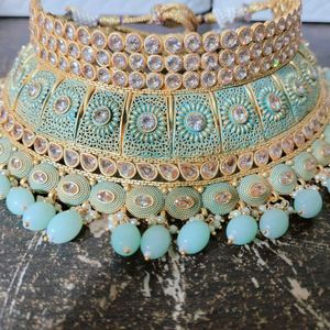 Mint Green Choker Set With Earrings And Mang Tika