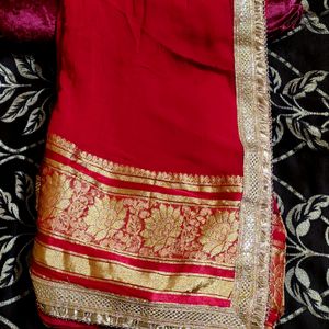 Heavy Foil Print Pure Georgette Banarasi Red Saree