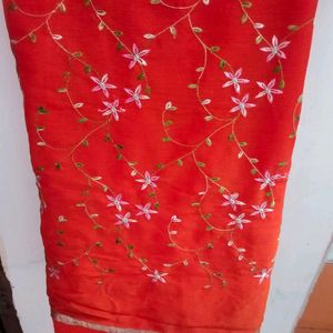 Orange Saree With Embroidery  On pallal