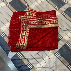 Tomato Red Bandhani Sari With gota Patti Border