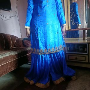 Blue Heavy Embroidered Sharara Suit With Dupatta