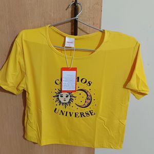 New Women Round Neck Polyester Yellow T-Shirt