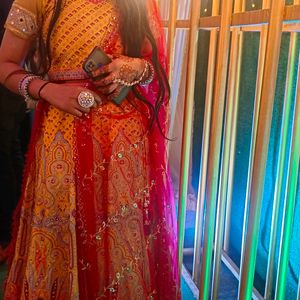 Yellow Lengha With Contrast Pink Duppata