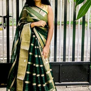 Dark Green Gold Organza Sequence Saree