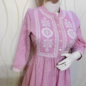 Pink Color Cotton Self Embroidered Kurta