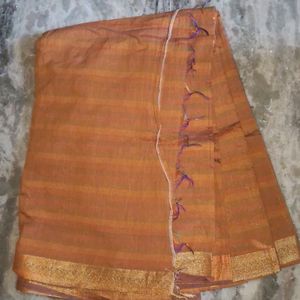 Cotton Silk Orange Multi Color Stripes Saree